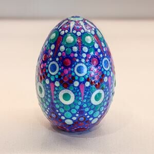 Hand-Painted Wooden Egg With Mandala Dot Design, Blue and Purple Hues